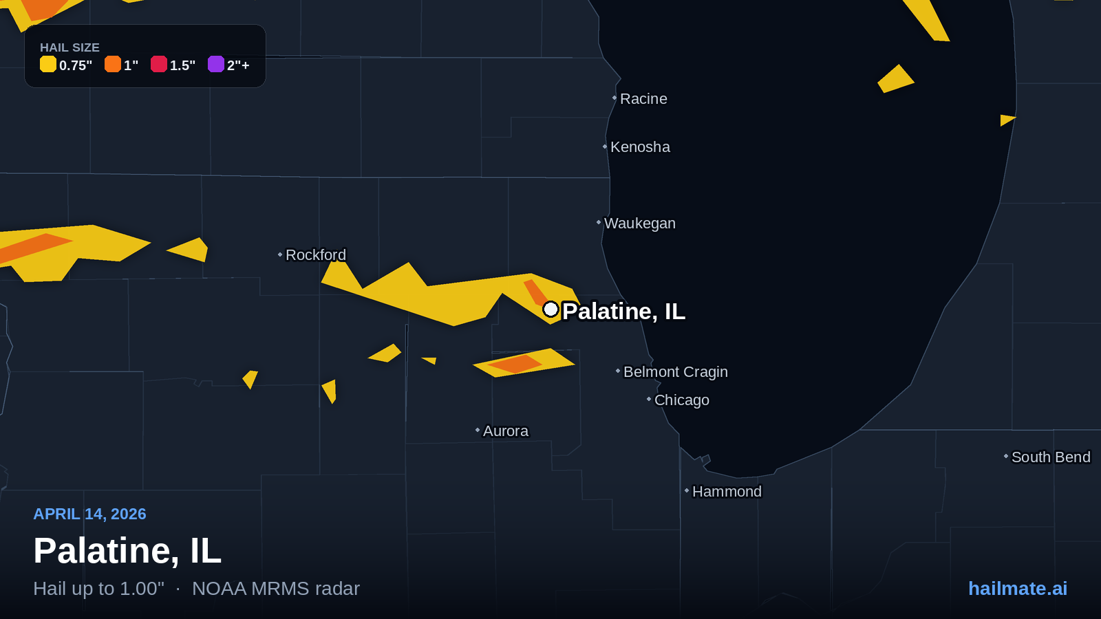 Hail swath map for Palatine, IL on April 14, 2026 showing 1.00 inch hail.