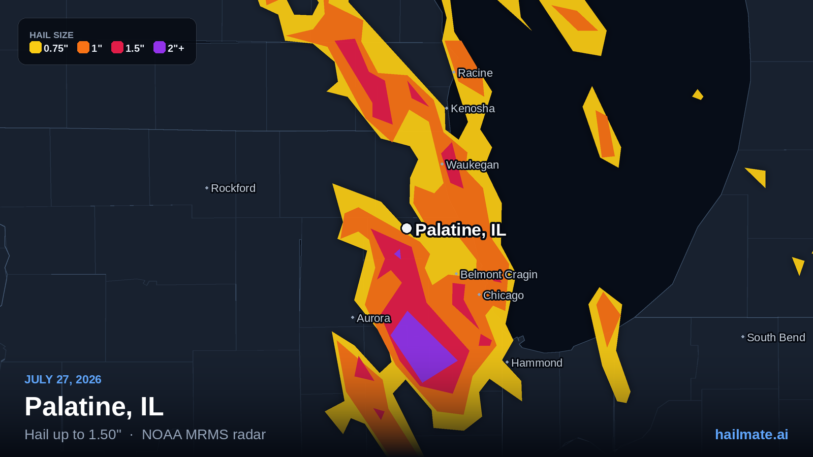 Hail swath map for Palatine, IL on July 27, 2026 showing 1.50 inch hail.