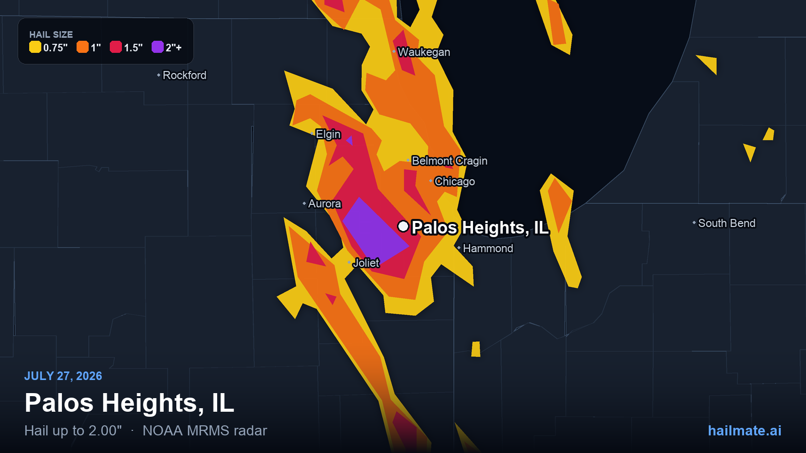 Hail swath map for Palos Heights, IL on July 27, 2026 showing 2.00 inch hail.