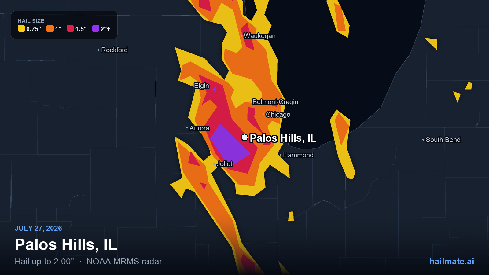 Hail swath map for Palos Hills, IL on July 27, 2026 showing 2.00 inch hail.