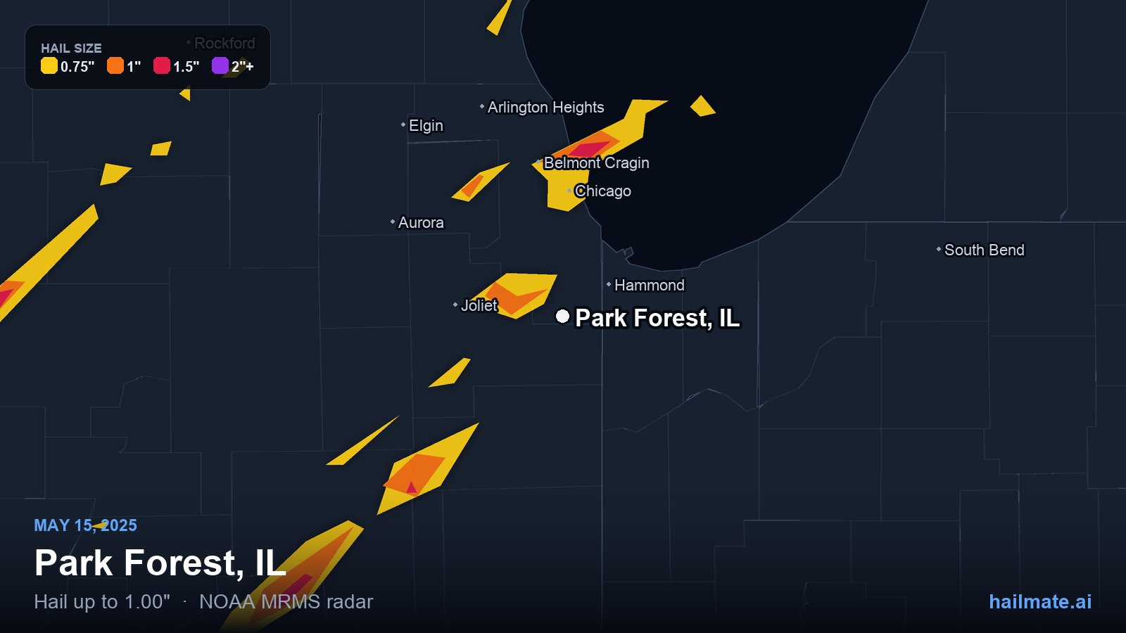 Hail swath map for Park Forest, IL on May 15, 2025 showing 1.00 inch hail.