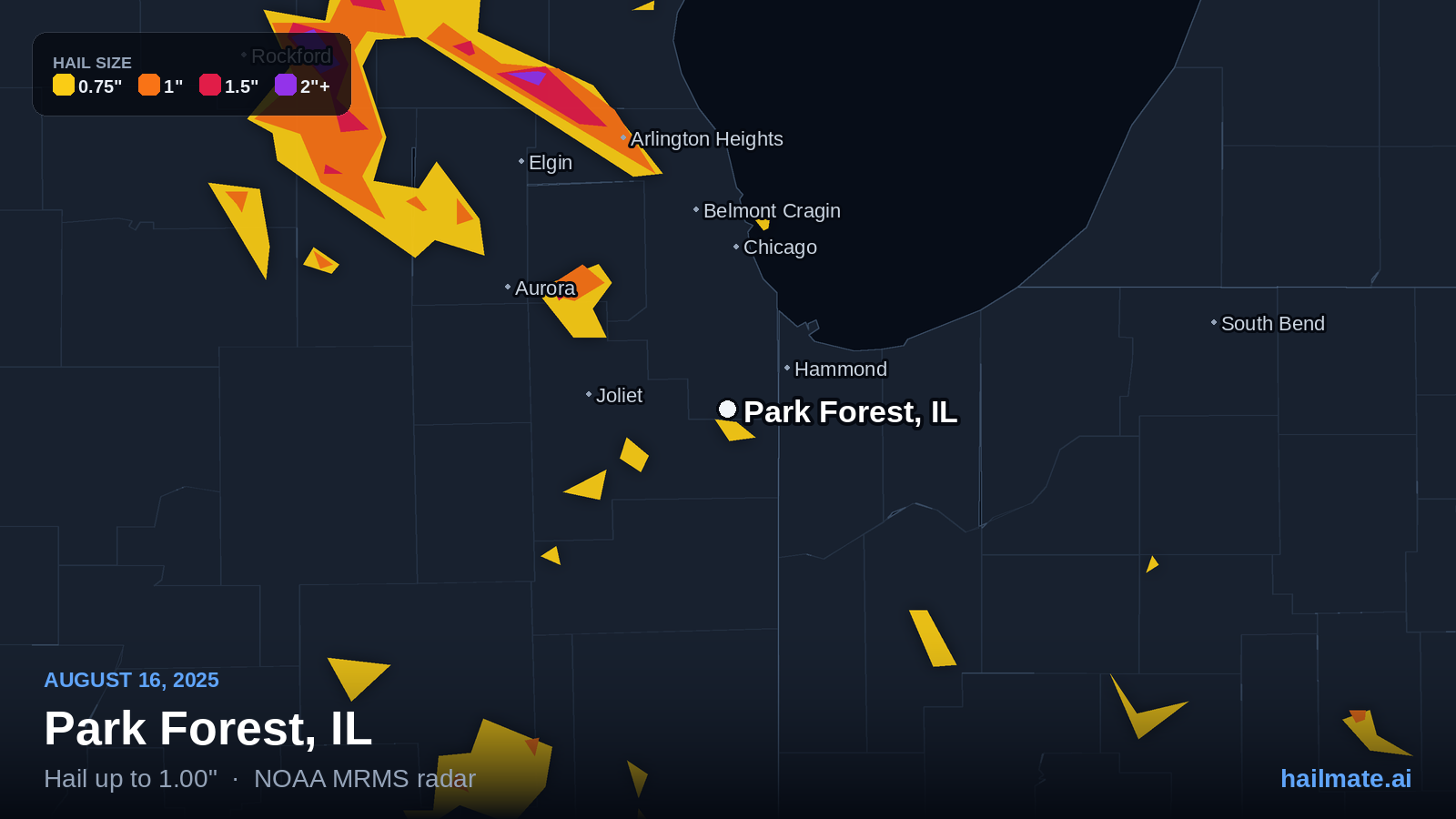 Hail swath map for Park Forest, IL on August 16, 2025 showing 1.00 inch hail.