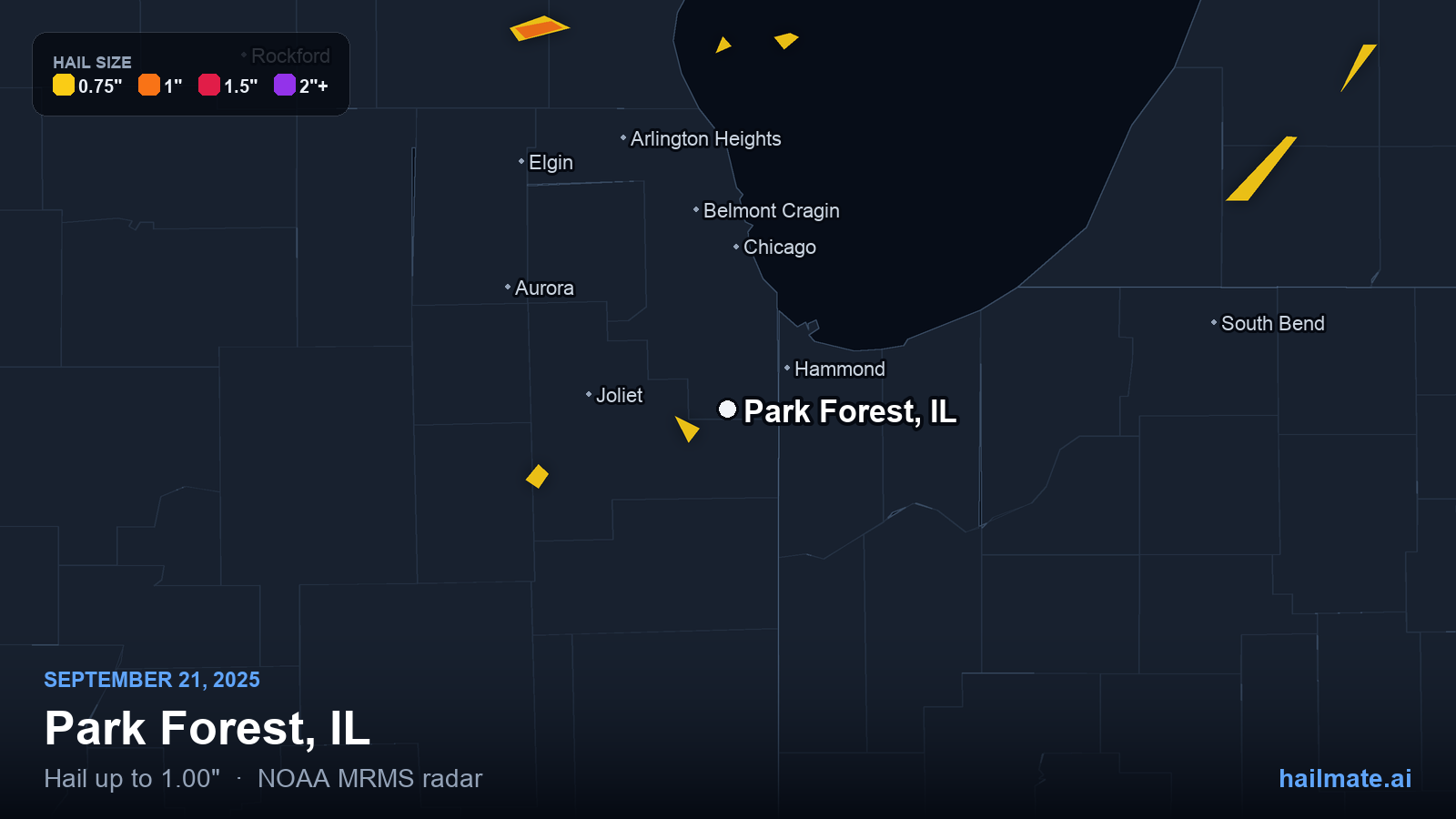 Hail swath map for Park Forest, IL on September 21, 2025 showing 1.00 inch hail.
