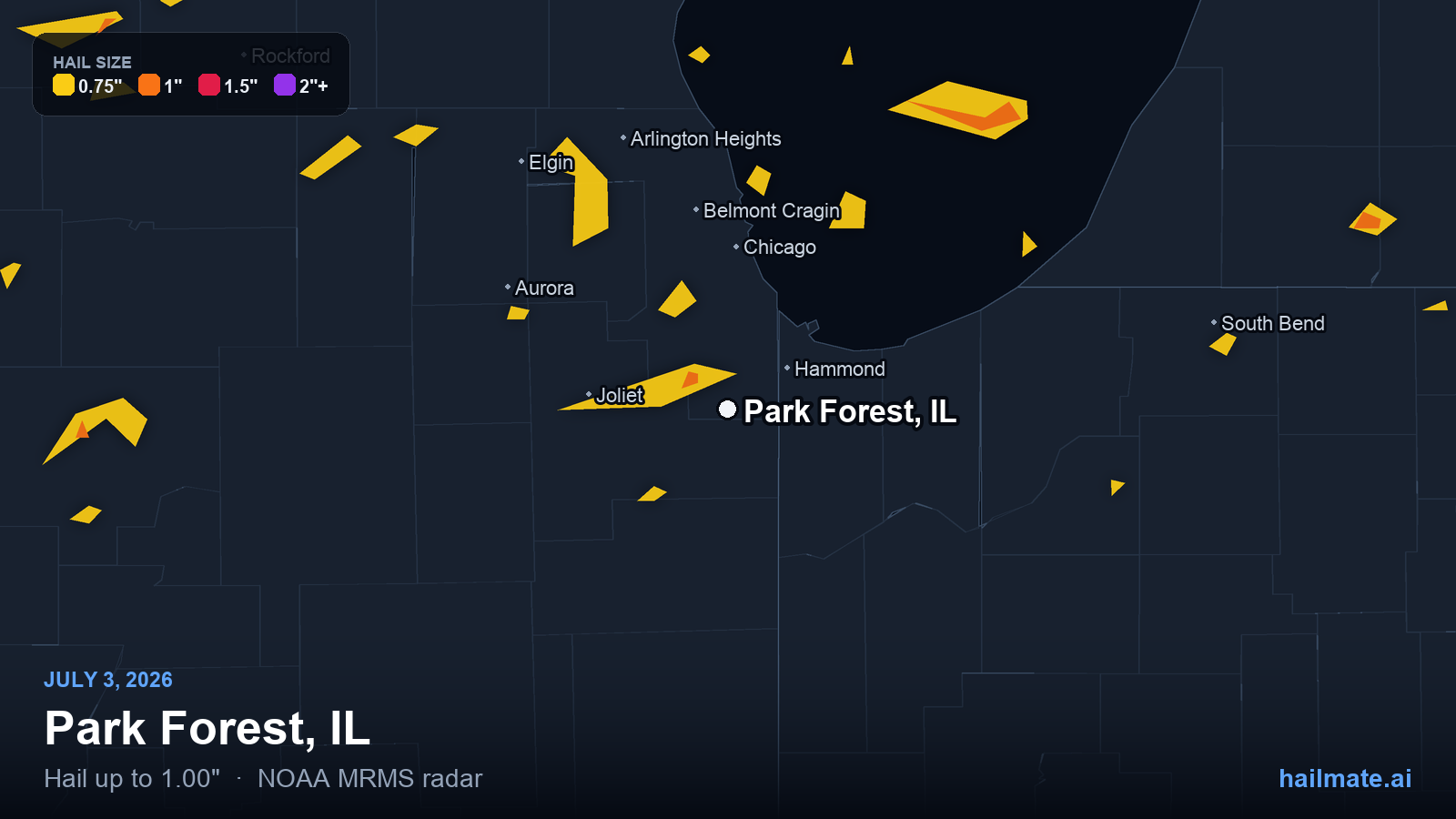 Hail swath map for Park Forest, IL on July 3, 2026 showing 1.00 inch hail.