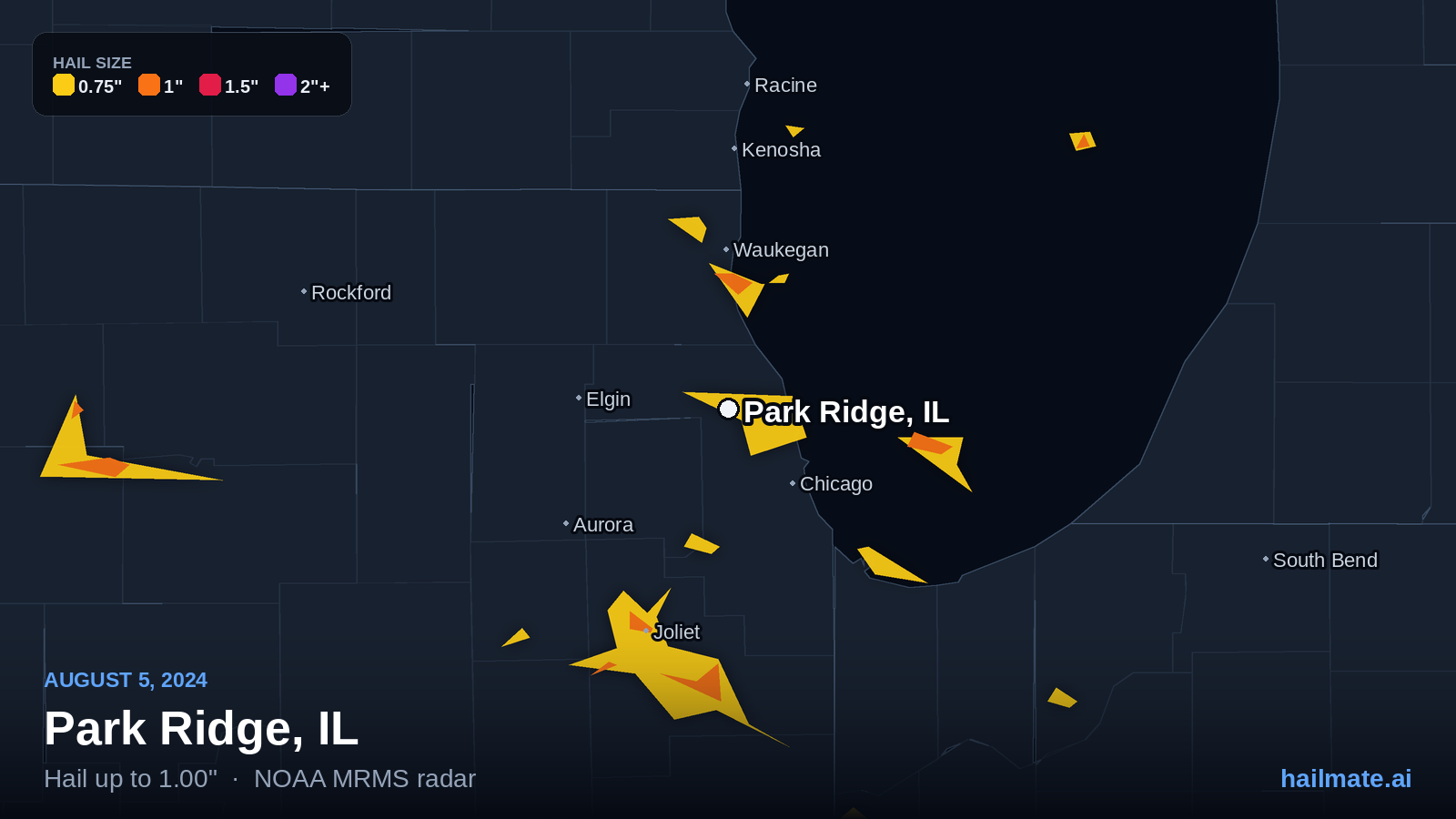 Hail swath map for Park Ridge, IL on August 5, 2024 showing 1.00 inch hail.