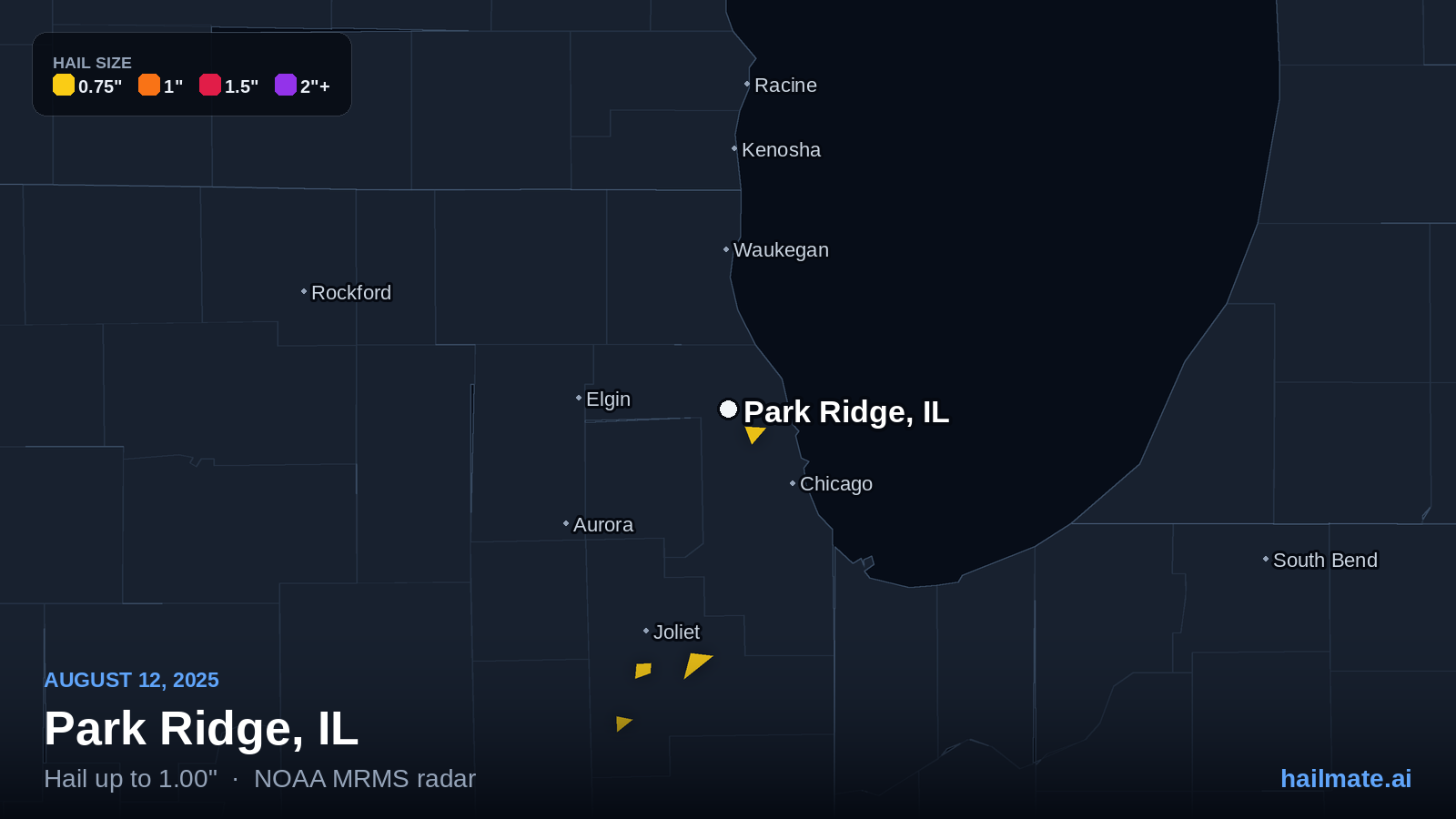 Hail swath map for Park Ridge, IL on August 12, 2025 showing 1.00 inch hail.