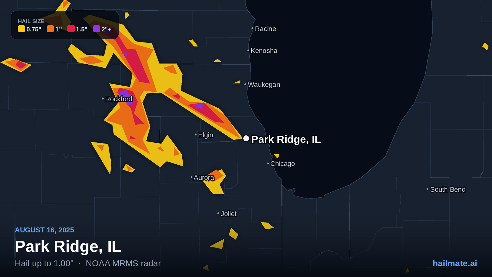 Hail swath map for Park Ridge, IL on August 16, 2025 showing 1.00 inch hail.