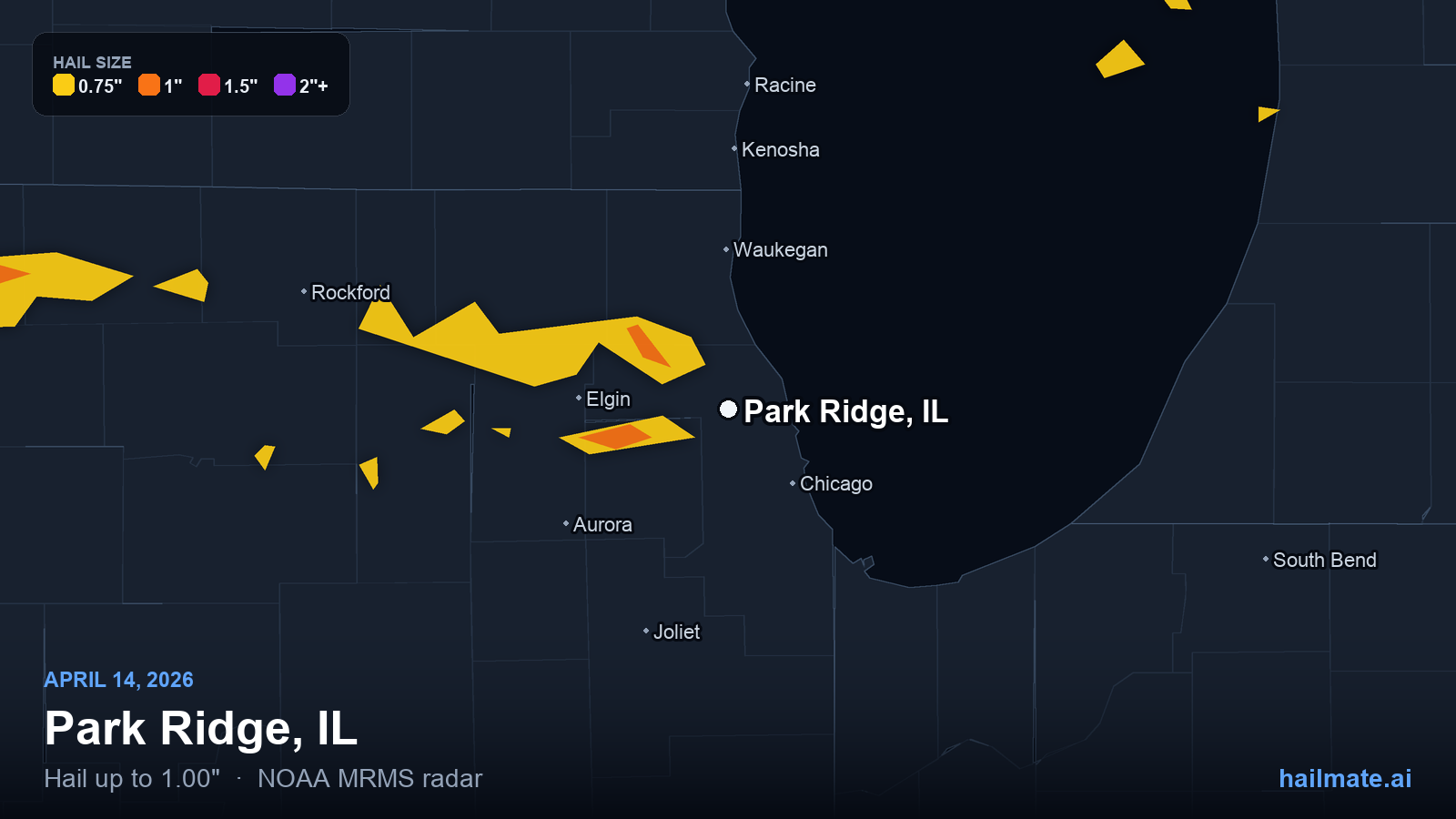 Hail swath map for Park Ridge, IL on April 14, 2026 showing 1.00 inch hail.