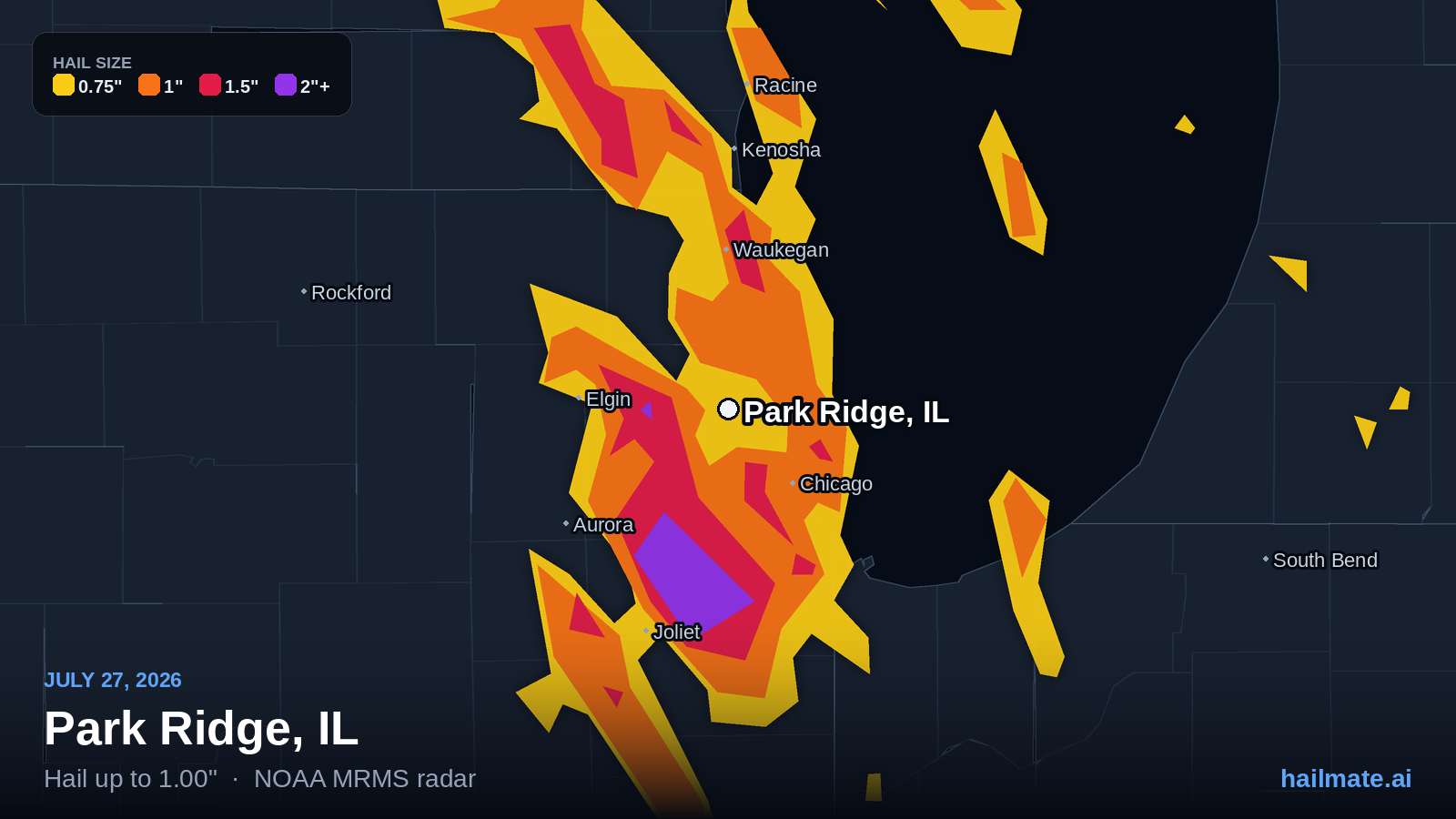 Hail swath map for Park Ridge, IL on July 27, 2026 showing 1.00 inch hail.