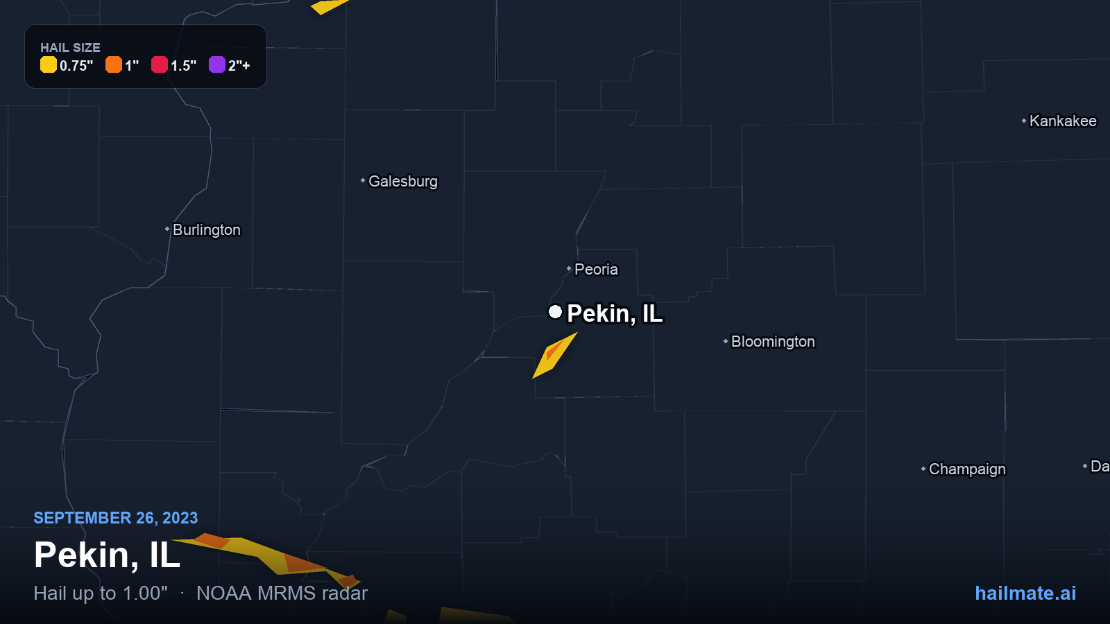 Hail swath map for Pekin, IL on September 26, 2023 showing 1.00 inch hail.