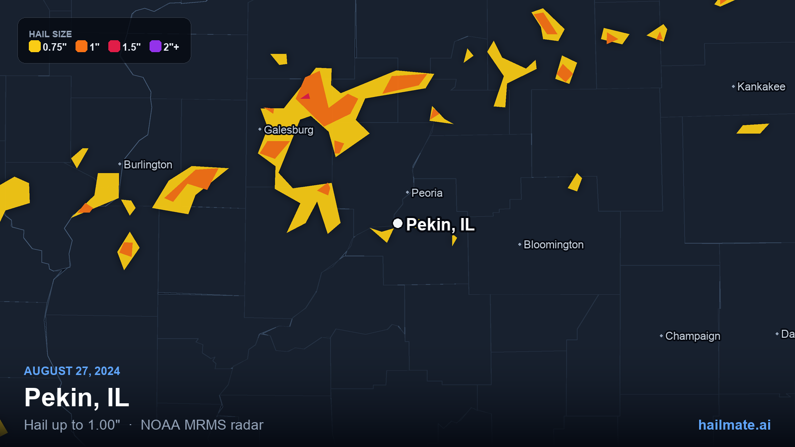 Hail swath map for Pekin, IL on August 27, 2024 showing 1.00 inch hail.