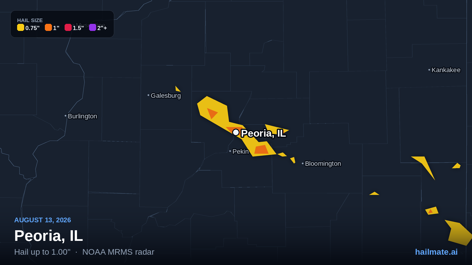 Hail swath map showing 1.00 inch hail over Peoria, Illinois on August 13, 2026.