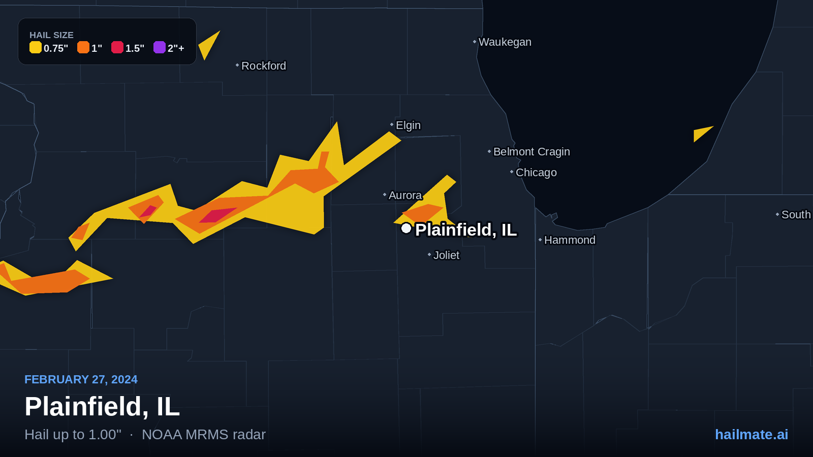 Hail swath map for Plainfield, IL on February 27, 2024 showing 1.00 inch hail.