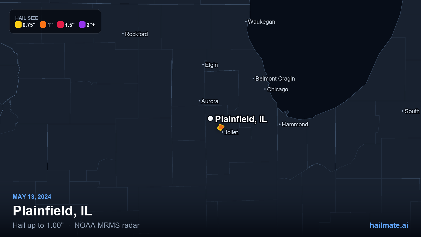 Hail swath map for Plainfield, IL on May 13, 2024 showing 1.00 inch hail.