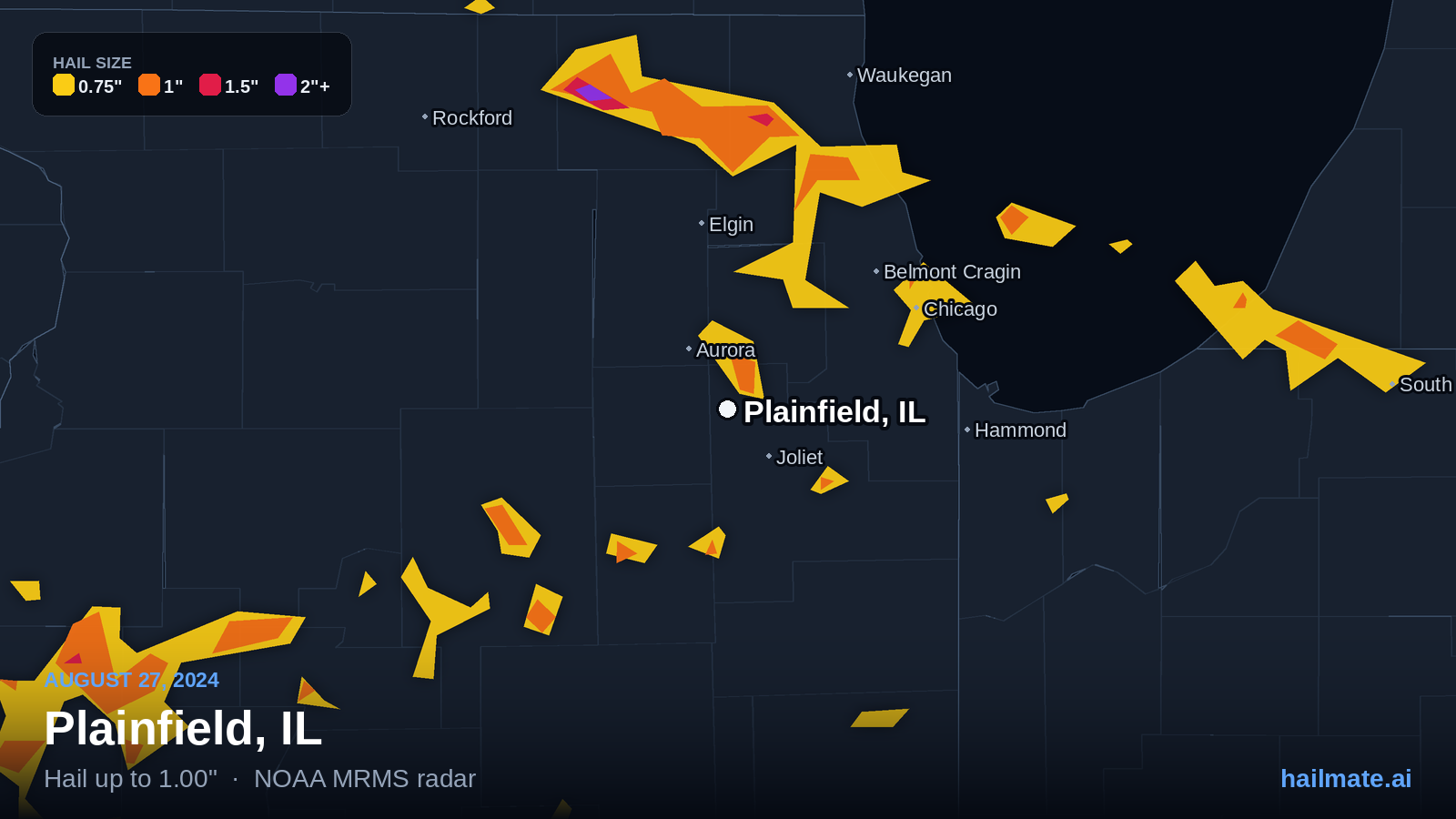 Hail swath map for Plainfield, IL on August 27, 2024 showing 1.00 inch hail.