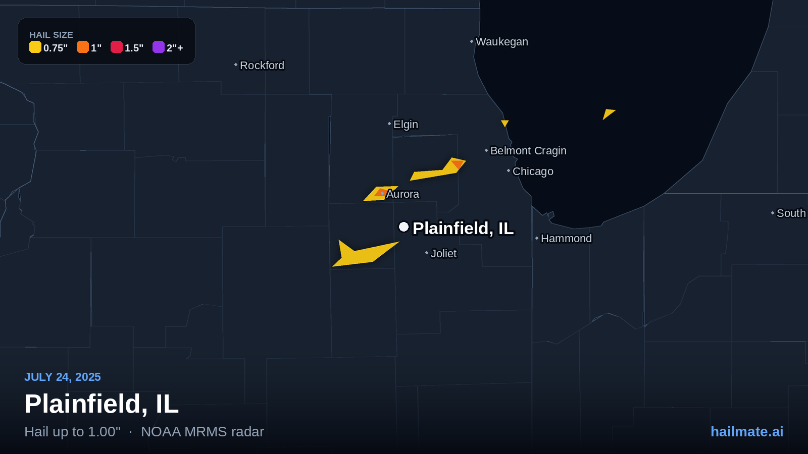 Hail swath map for Plainfield, IL on July 24, 2025 showing 1.00 inch hail.