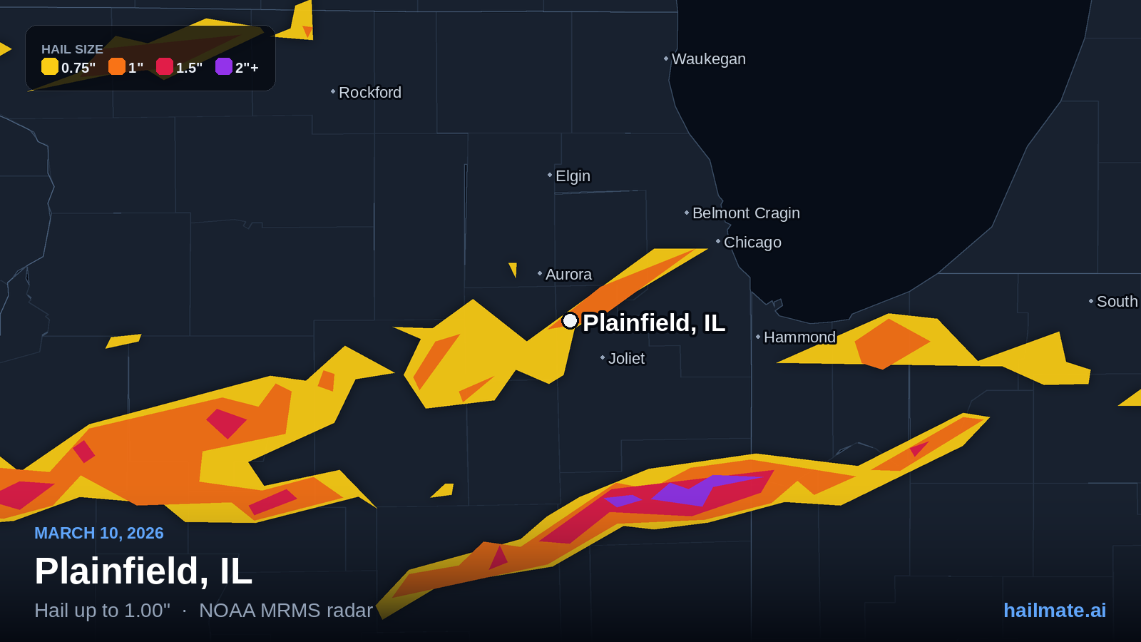 Hail swath map for Plainfield, IL on March 10, 2026 showing 1.00 inch hail.