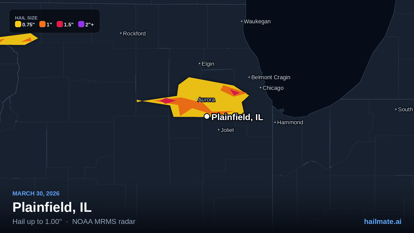 Hail swath map for Plainfield, IL on March 30, 2026 showing 1.00 inch hail.