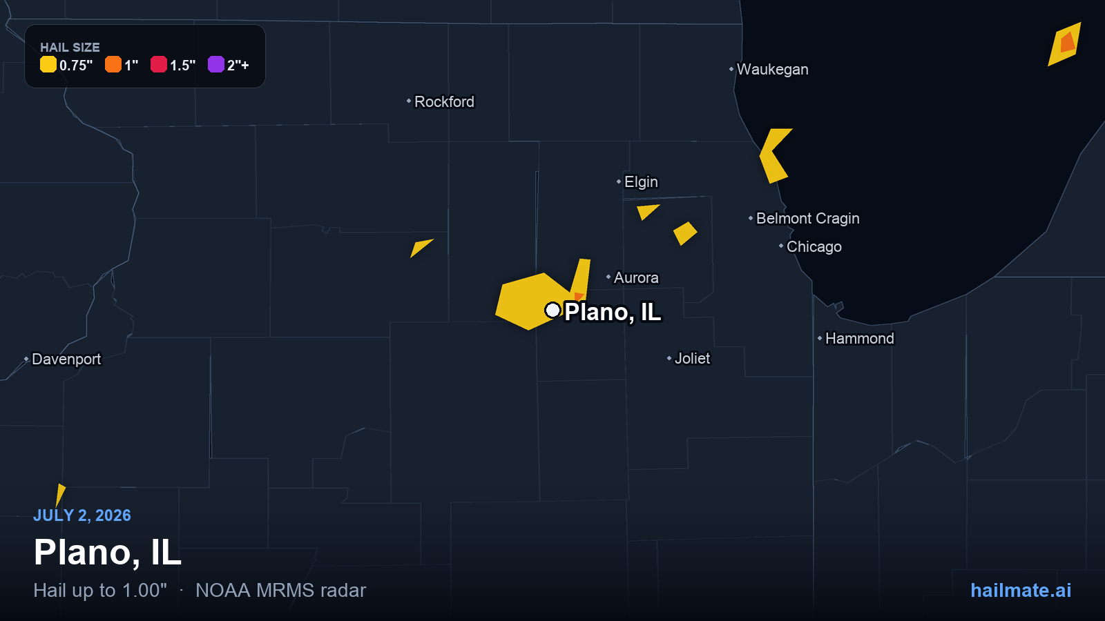 Hail swath map for Plano, IL on July 2, 2026 showing 1.00 inch hail.