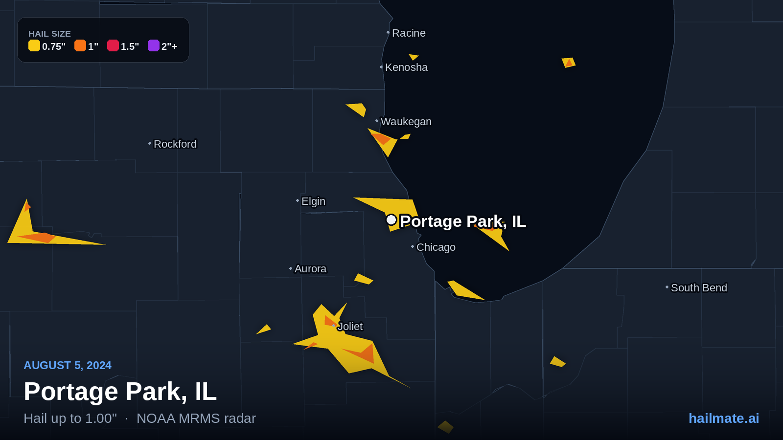 Hail swath map for Portage Park, IL on August 5, 2024 showing 1.00 inch hail.