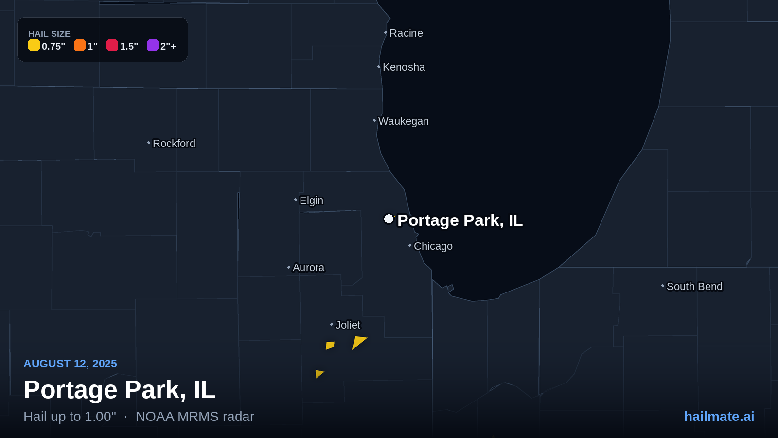 Hail swath map for Portage Park, IL on August 12, 2025 showing 1.00 inch hail.