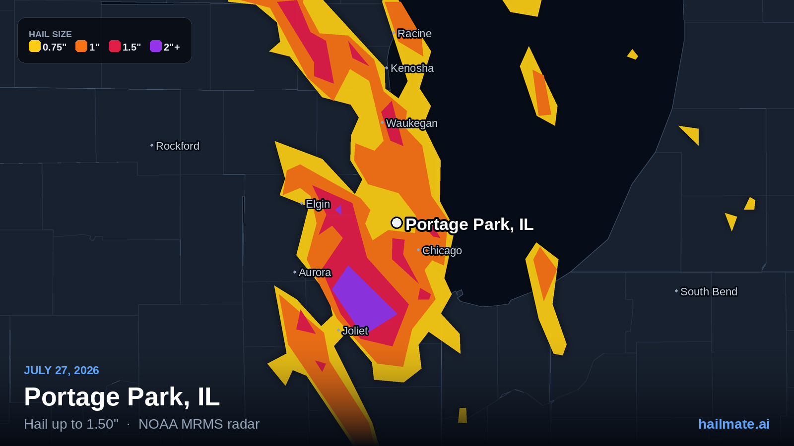 Hail swath map for Portage Park, IL on July 27, 2026 showing 1.50 inch hail.