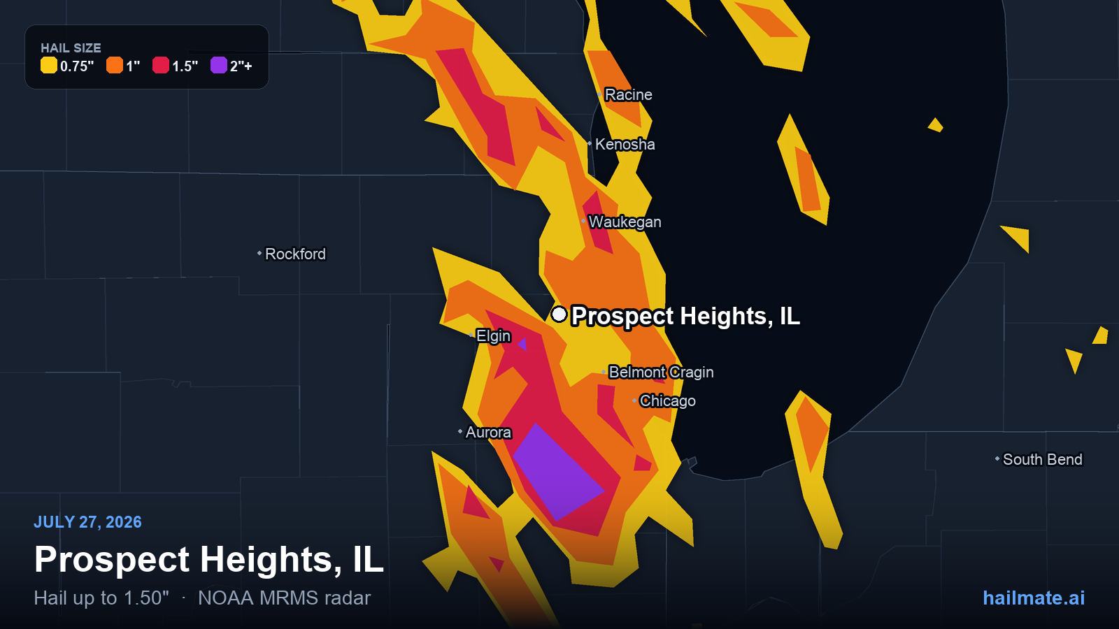 Hail swath map for Prospect Heights, IL on July 27, 2026 showing 1.50 inch hail.