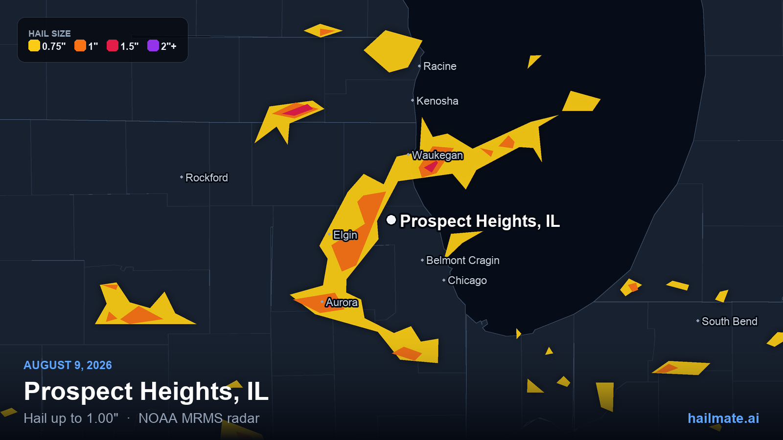 Hail swath map for Prospect Heights, IL on August 9, 2026 showing 1.00 inch hail.