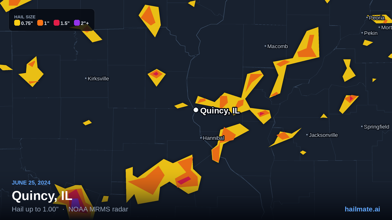 Hail swath map for Quincy, IL on June 25, 2024 showing 1.00 inch hail.