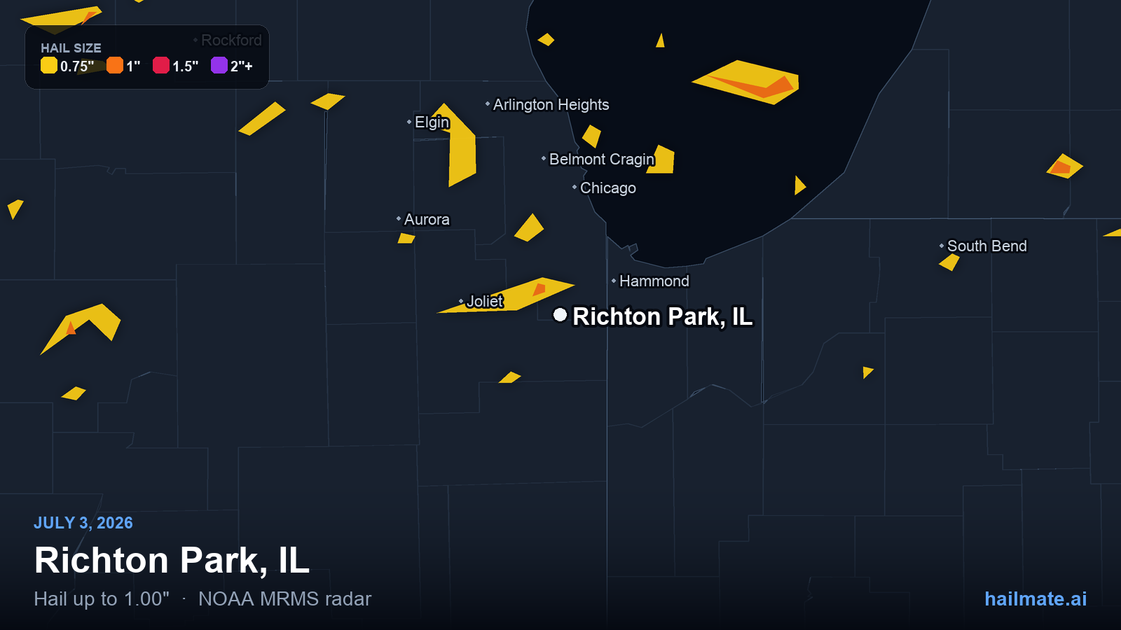 Hail swath map for Richton Park, IL on July 3, 2026 showing 1.00 inch hail.