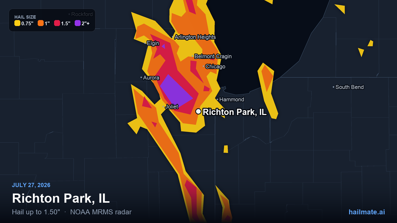 Hail swath map for Richton Park, IL on July 27, 2026 showing 1.50 inch hail.