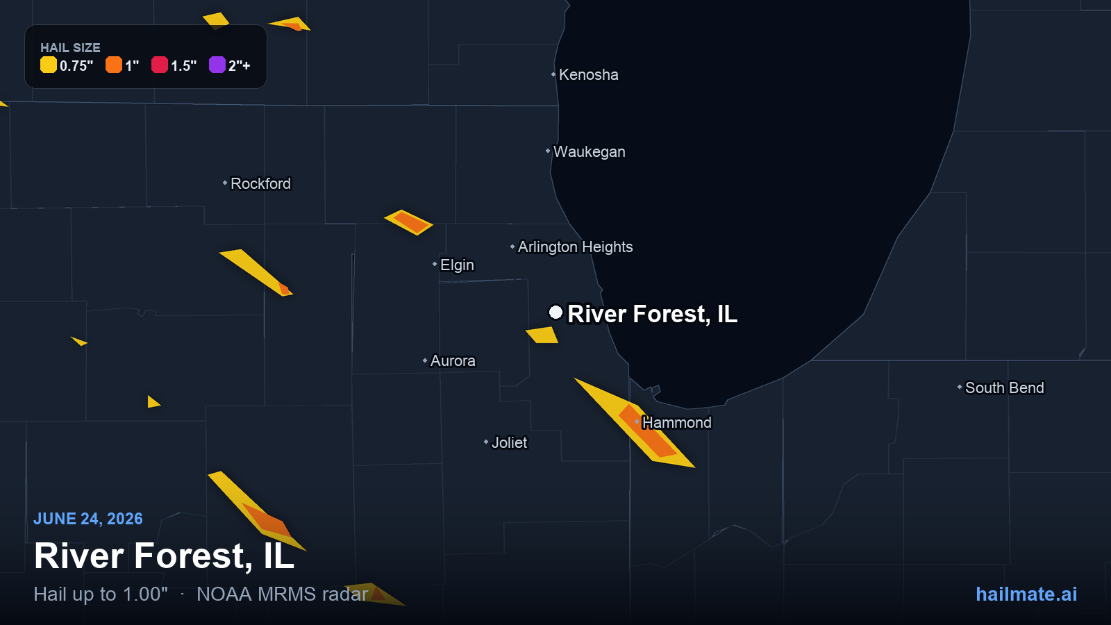 Hail swath map for River Forest, IL on June 24, 2026 showing 1.00 inch hail.