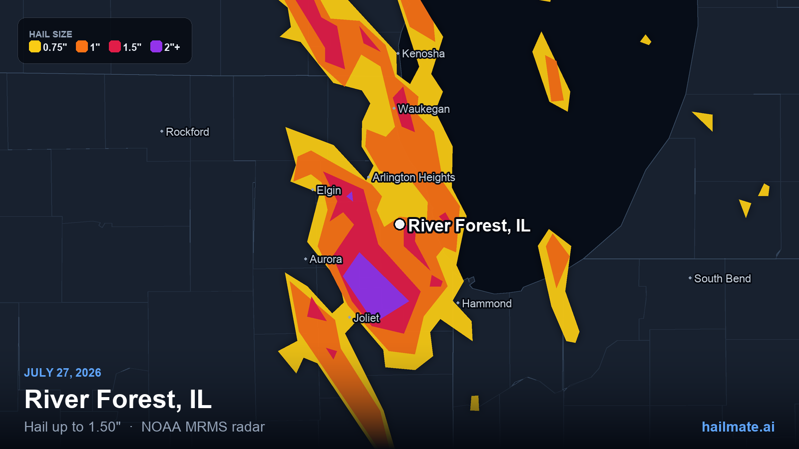 Hail swath map for River Forest, IL on July 27, 2026 showing 1.50 inch hail.
