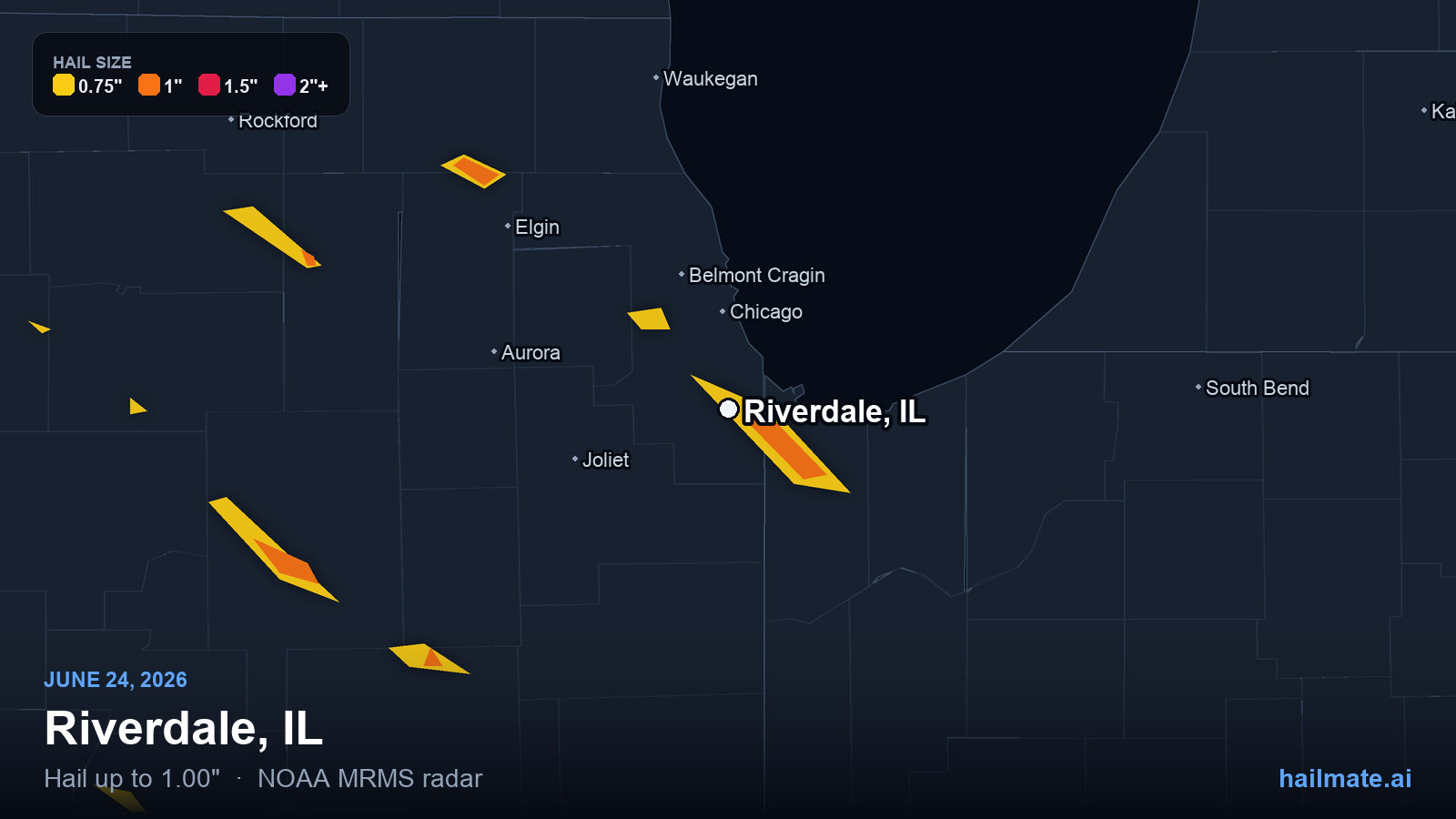 Hail swath map for Riverdale, IL on June 24, 2026 showing 1.00 inch hail.