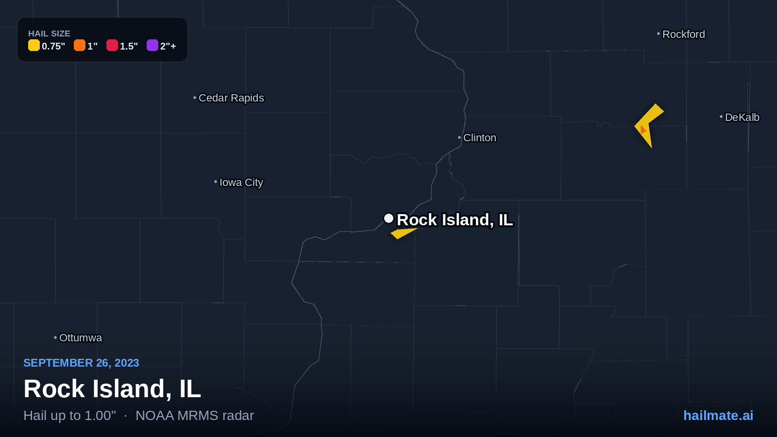Hail swath map for Rock Island, IL on September 26, 2023 showing 1.00 inch hail.
