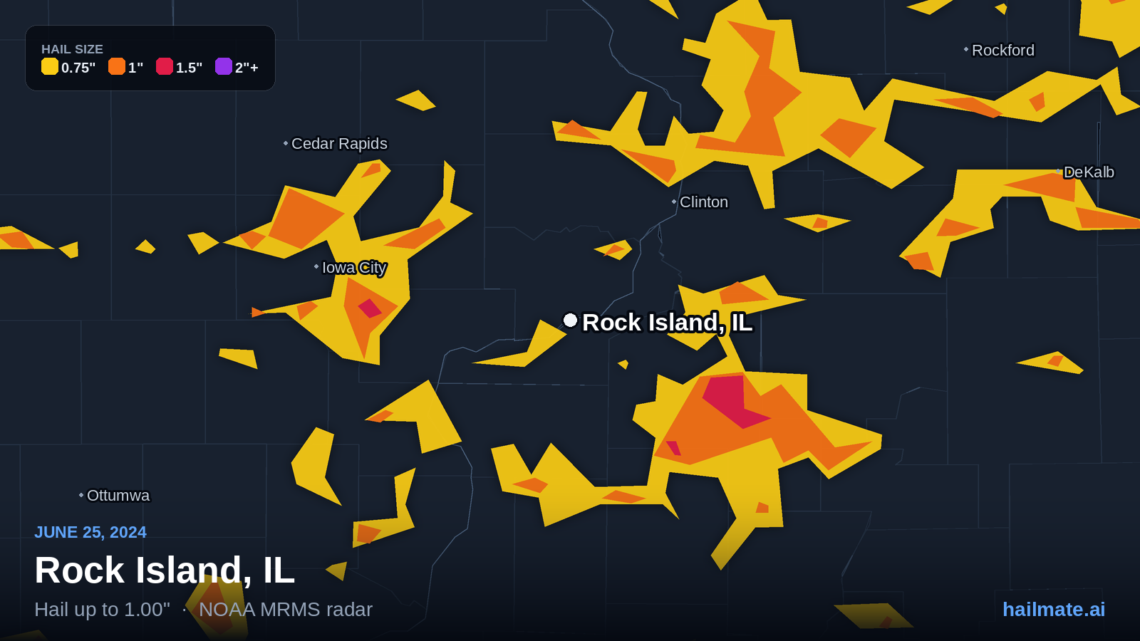 Hail swath map for Rock Island, IL on June 25, 2024 showing 1.00 inch hail.