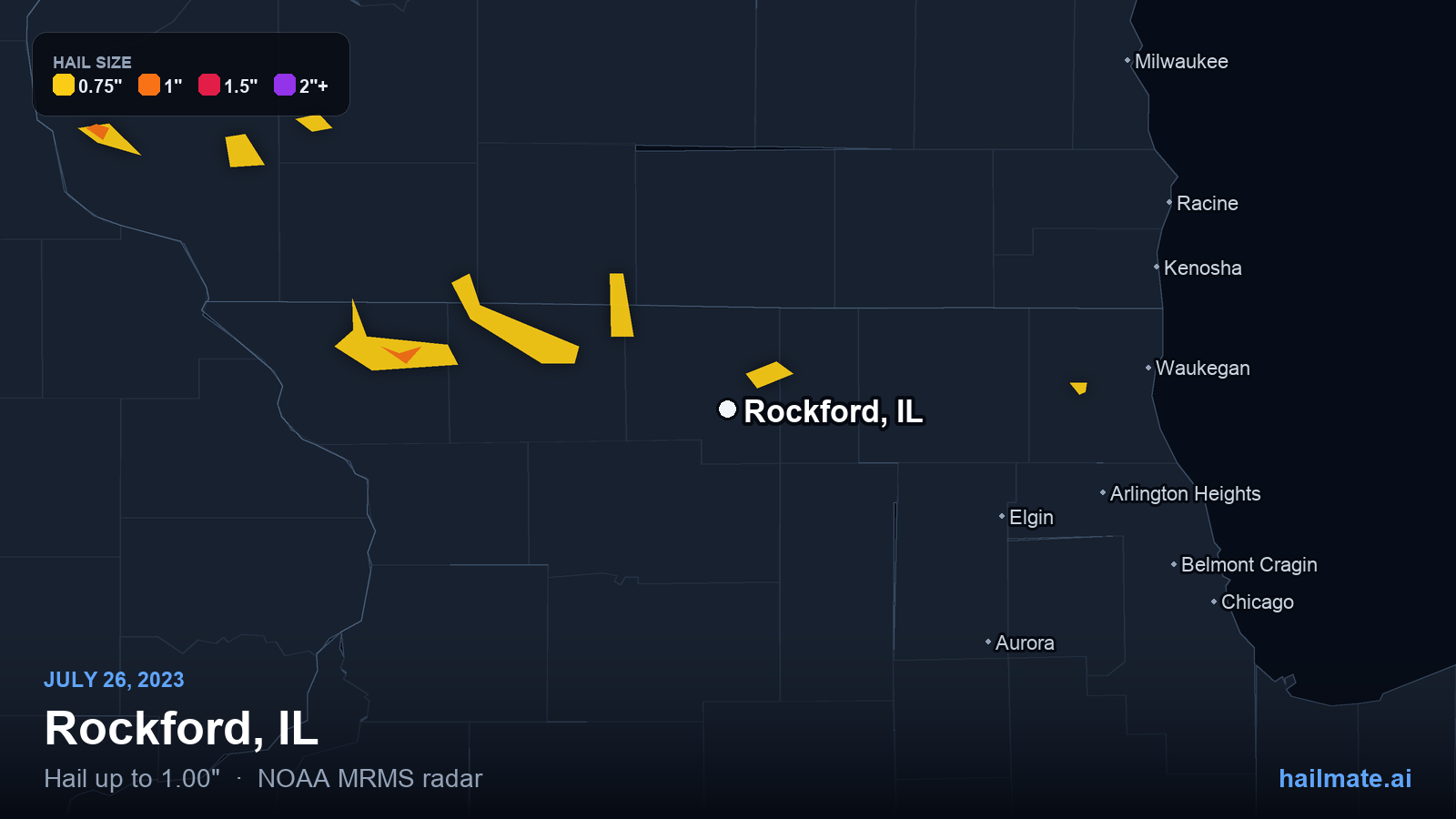 Hail swath map for Rockford, IL on July 26, 2023 showing 1.00 inch hail.