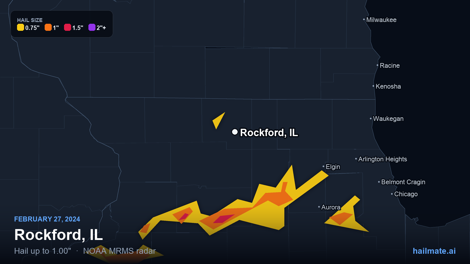 Hail swath map for Rockford, IL on February 27, 2024 showing 1.00 inch hail.