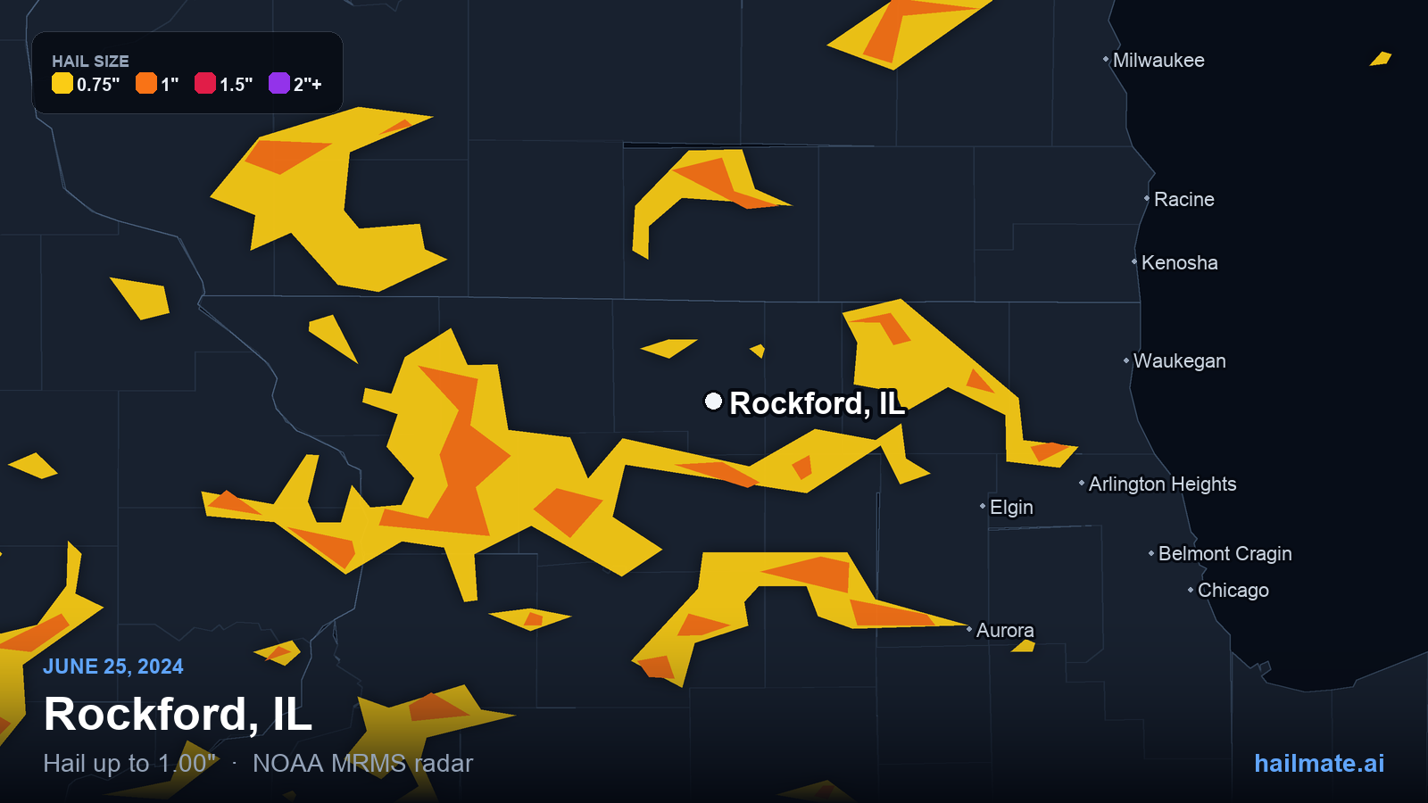 Hail swath map for Rockford, IL on June 25, 2024 showing 1.00 inch hail.