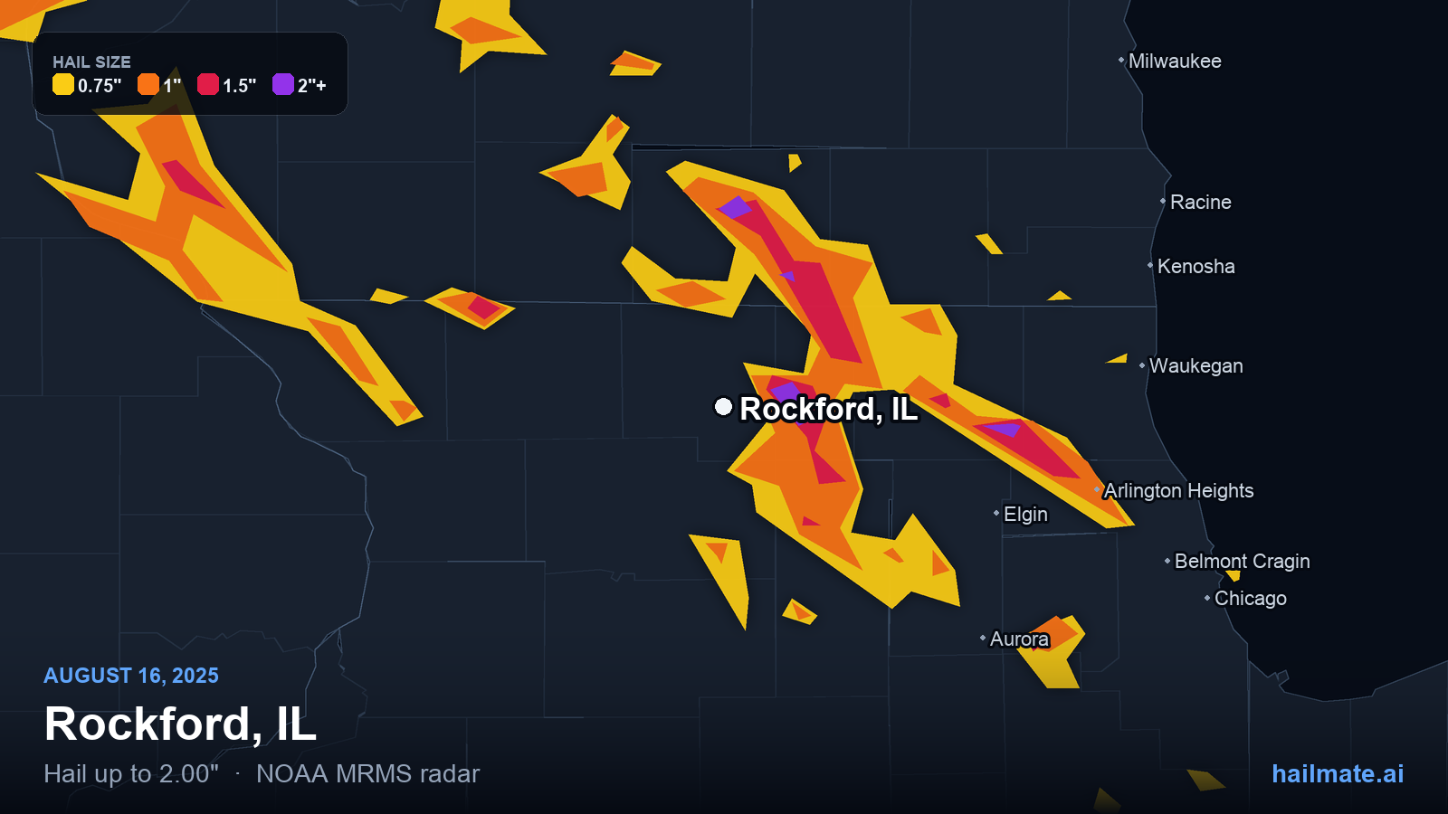 Hail swath map for Rockford, IL on August 16, 2025 showing 2.00 inch hail.