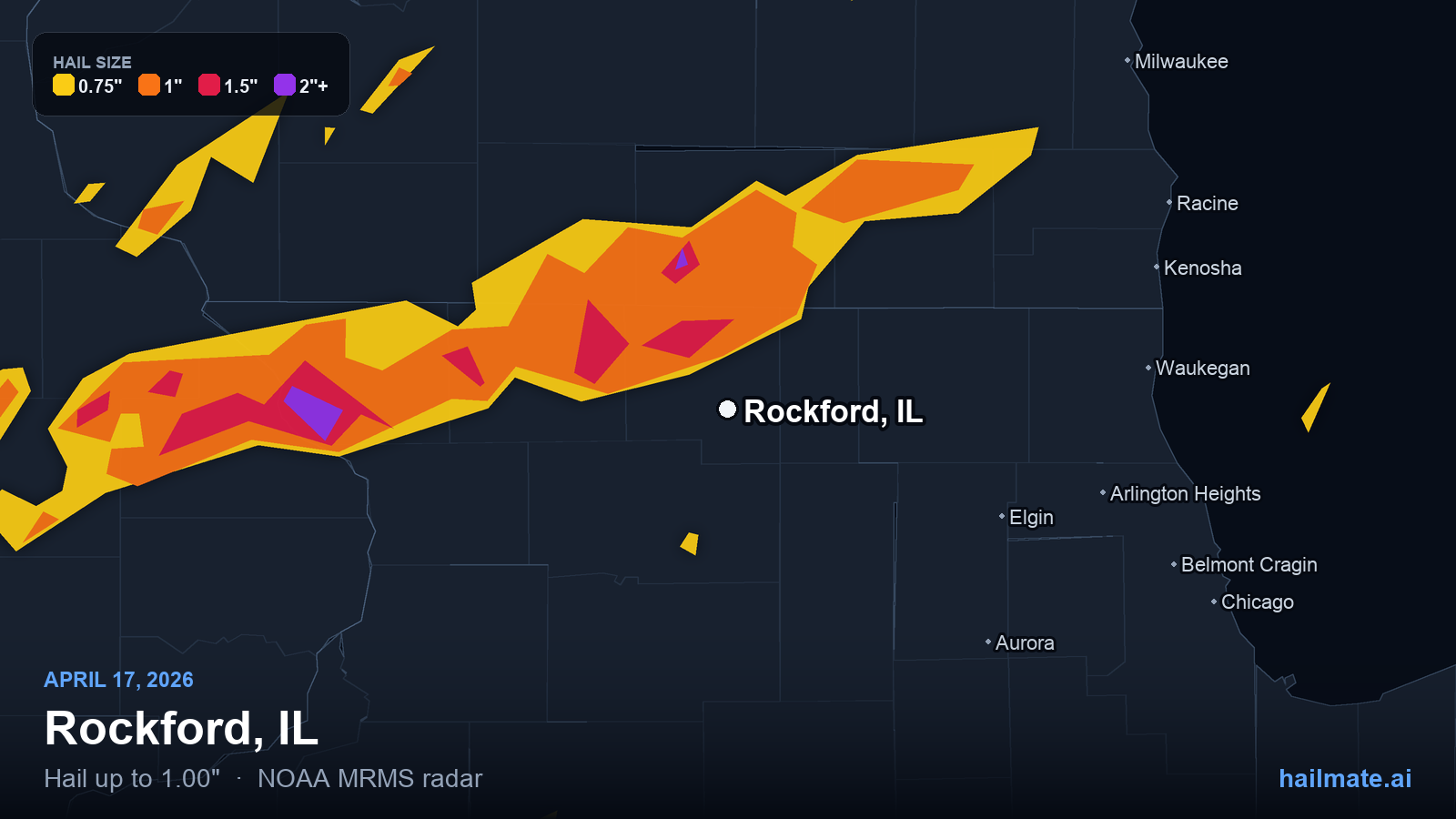Hail swath map for Rockford, IL on April 17, 2026 showing 1.00 inch hail.
