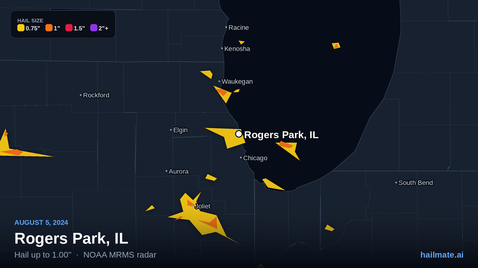 Hail swath map for Rogers Park, IL on August 5, 2024 showing 1.00 inch hail.