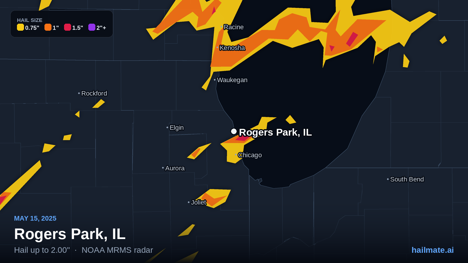 Hail swath map for Rogers Park, IL on May 15, 2025 showing 2.00 inch hail.