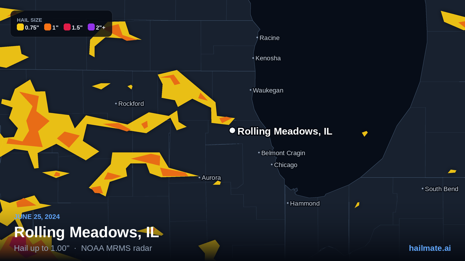 Hail swath map for Rolling Meadows, IL on June 25, 2024 showing 1.00 inch hail.