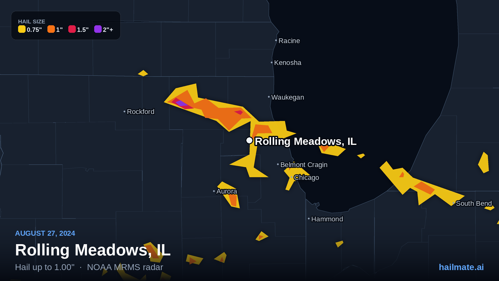 Hail swath map for Rolling Meadows, IL on August 27, 2024 showing 1.00 inch hail.