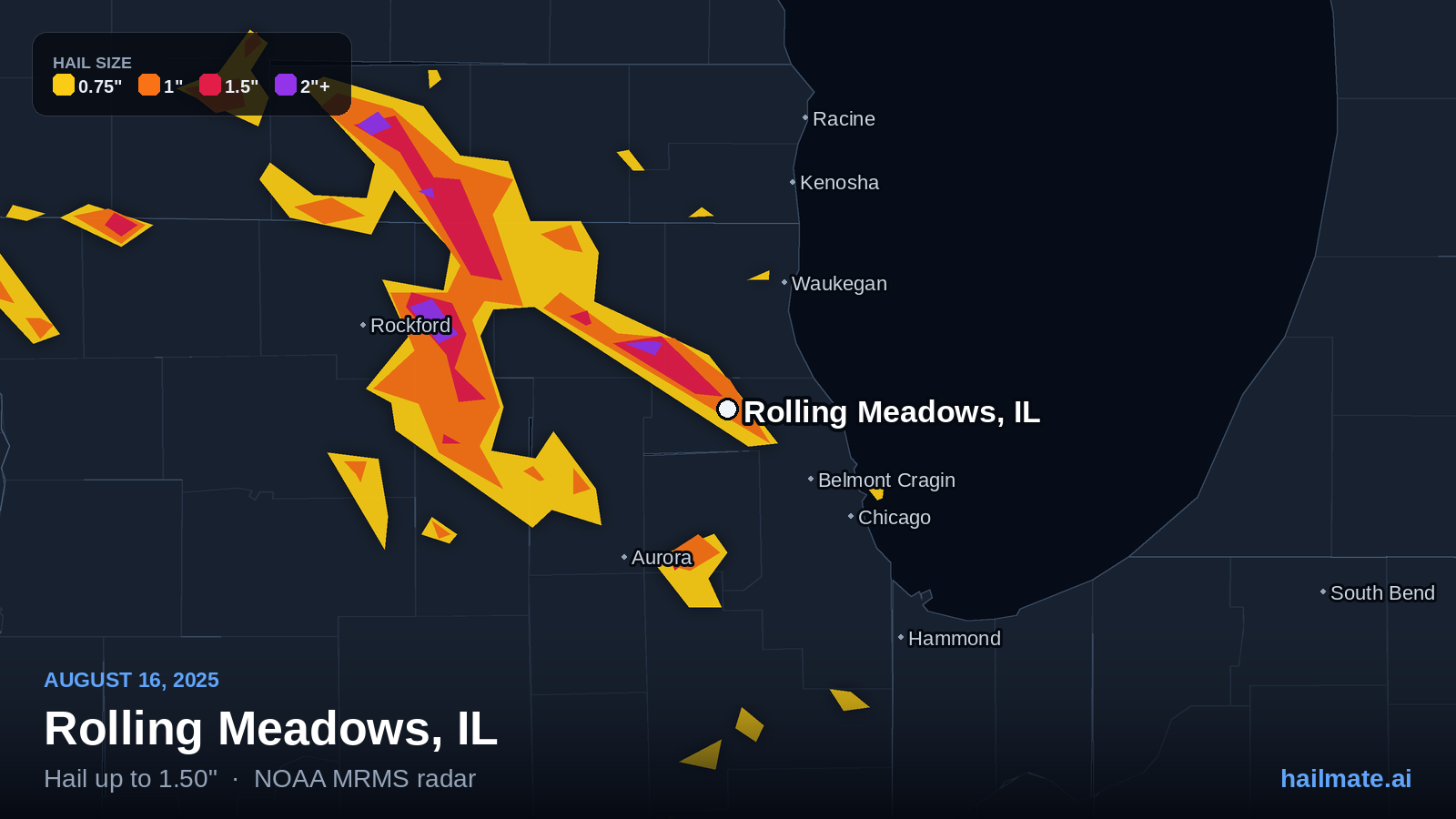 Hail swath map for Rolling Meadows, IL on August 16, 2025 showing 1.50 inch hail.