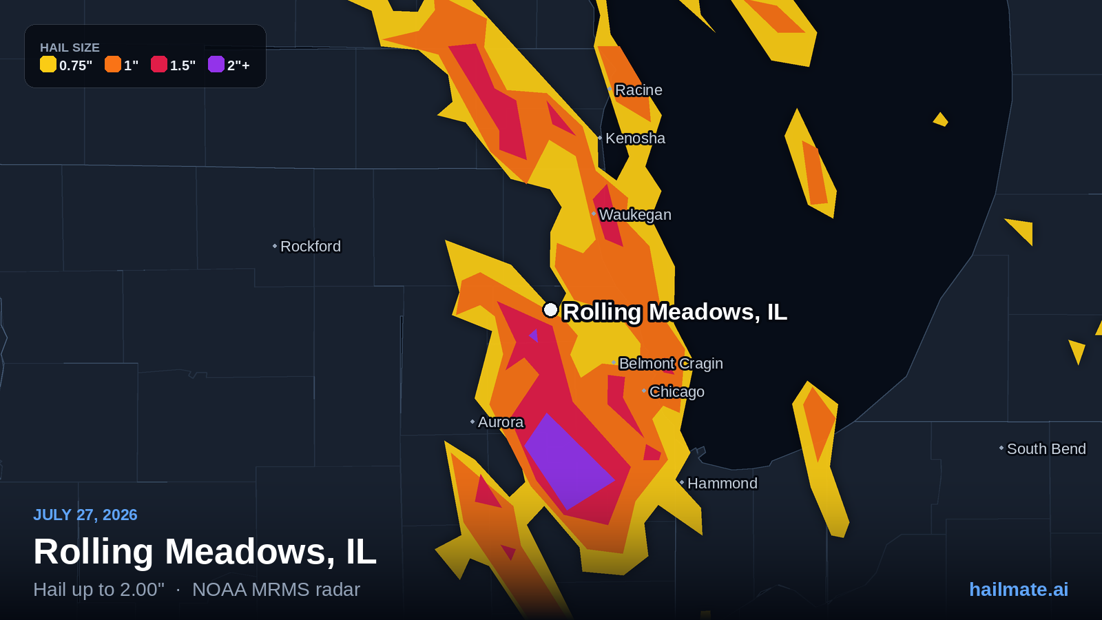 Hail swath map for Rolling Meadows, IL on July 27, 2026 showing 2.00 inch hail.