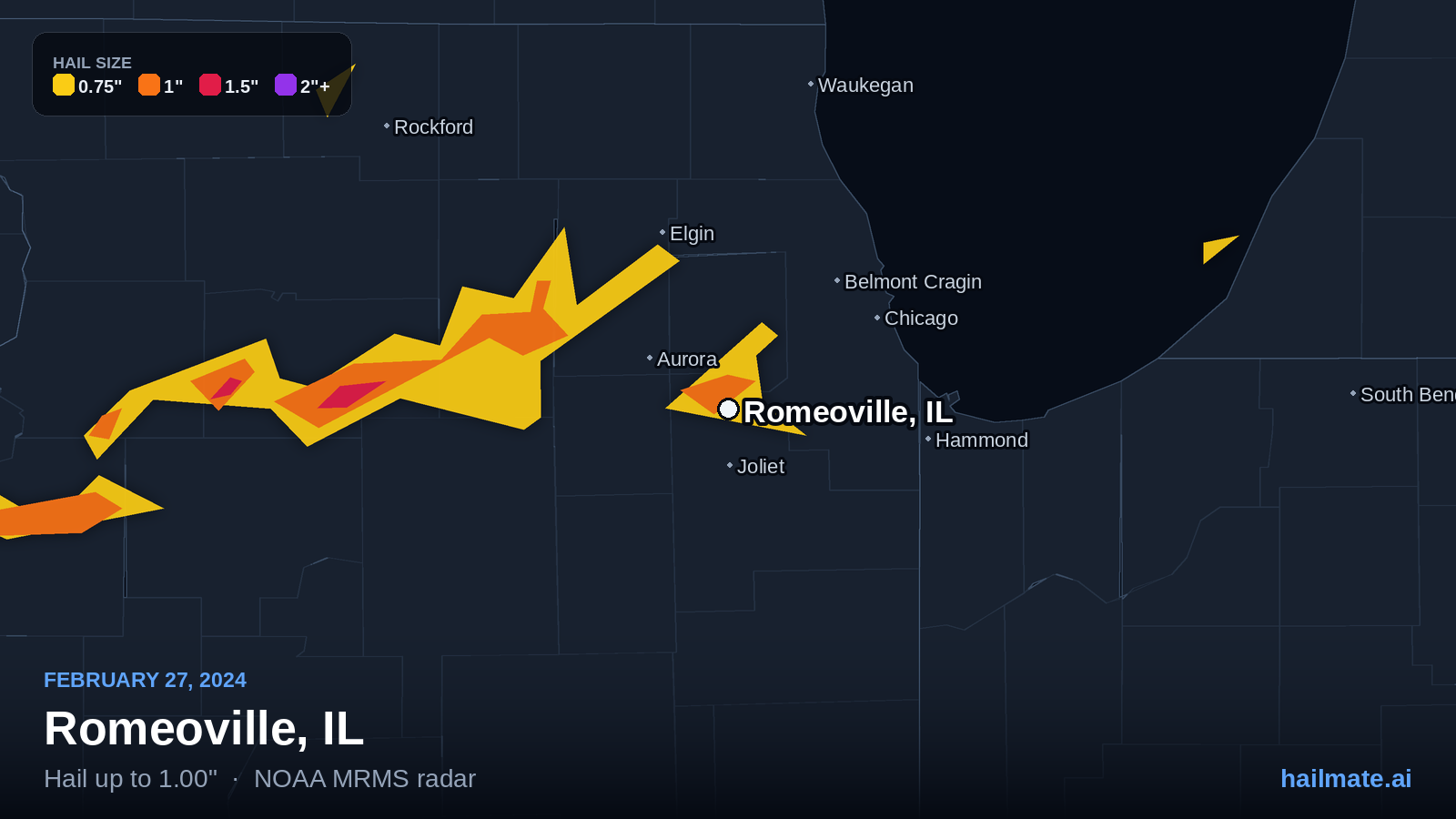 Hail swath map for Romeoville, IL on February 27, 2024 showing 1.00 inch hail.