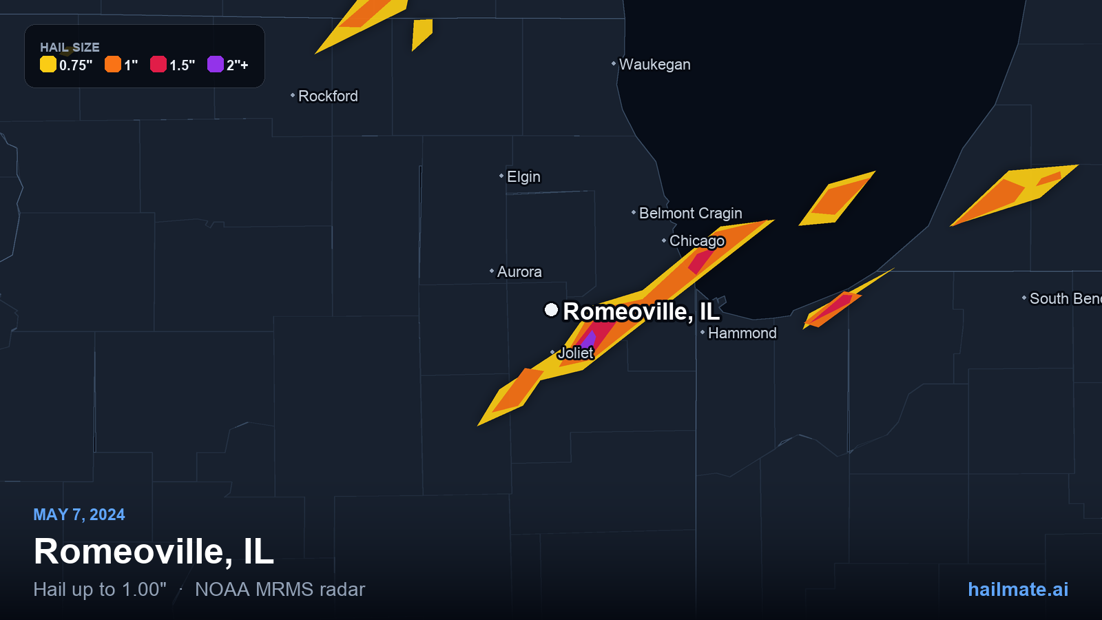 Hail swath map for Romeoville, IL on May 7, 2024 showing 1.00 inch hail.