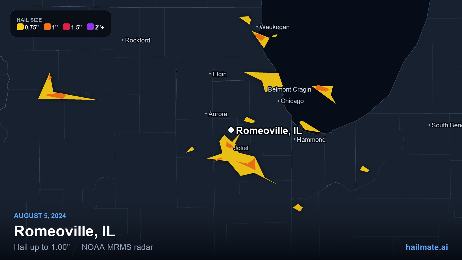 Hail swath map for Romeoville, IL on August 5, 2024 showing 1.00 inch hail.